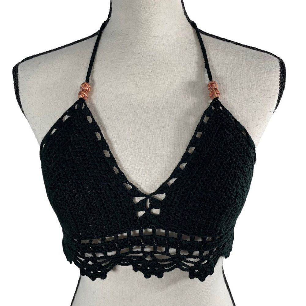 Bear Dance Black Beaded Crochet Bralette Top Small - Picture 9 of 9